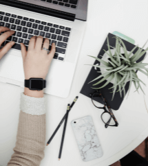 Top view of a person typing on a laptop with some pencils, glasses, a phone and a plant on the desk next to them